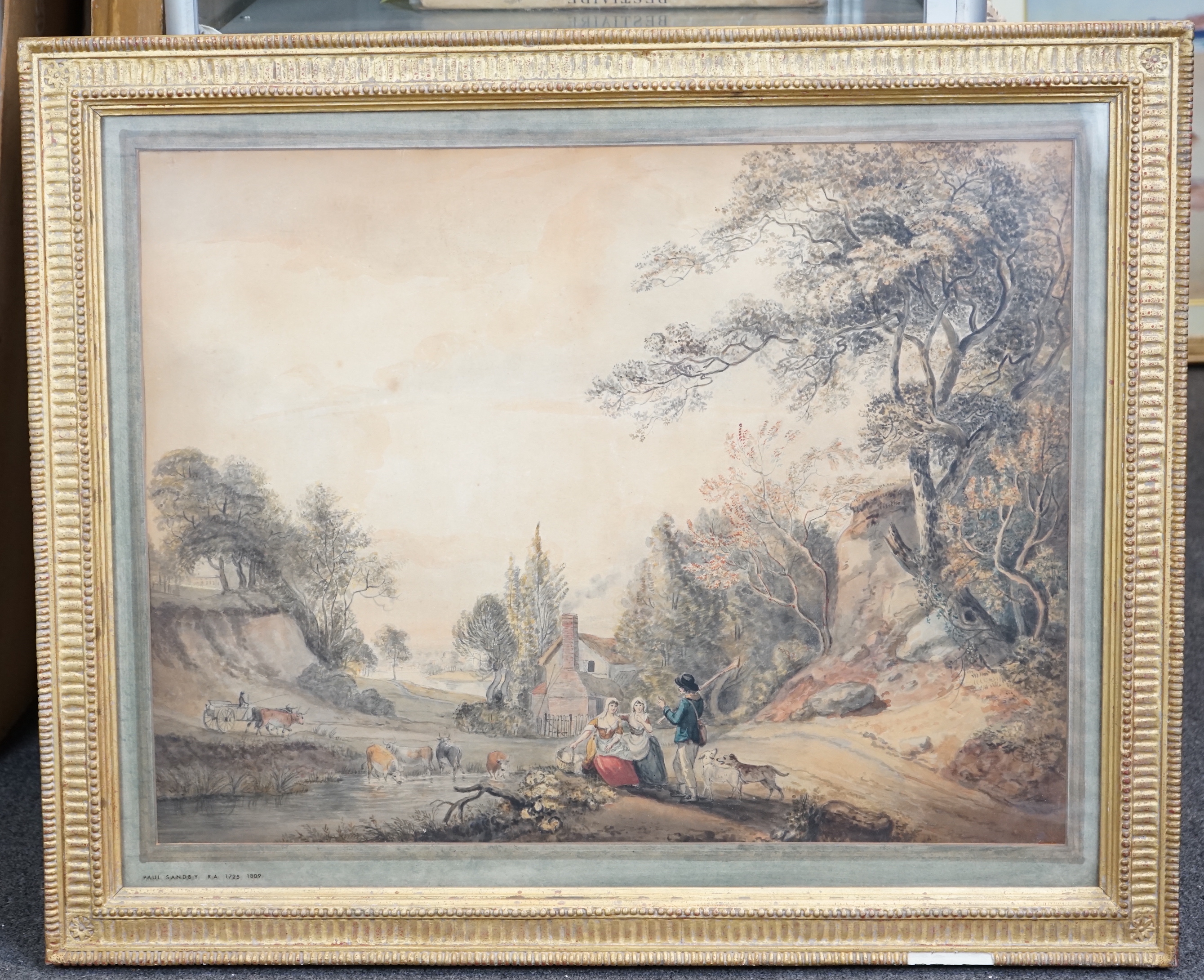 Paul Sandby RA (English, 1725-1809), A sportsman with his dogs talking with two country girls in a landscape, watercolour, 52 x 68cm